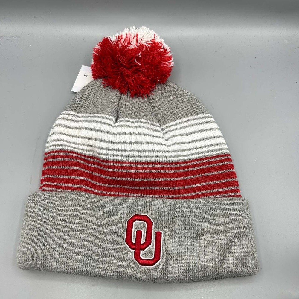 Oklahoma Sooners NCAA Hat Men Gray Knit Fanatics Cuffed Beanie Pom Pom Cap New